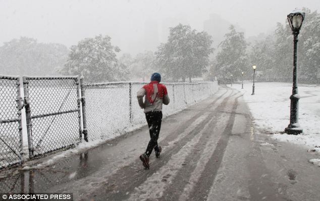 White out: A jogger makes his way through Central Park as the snow fell on Saturday